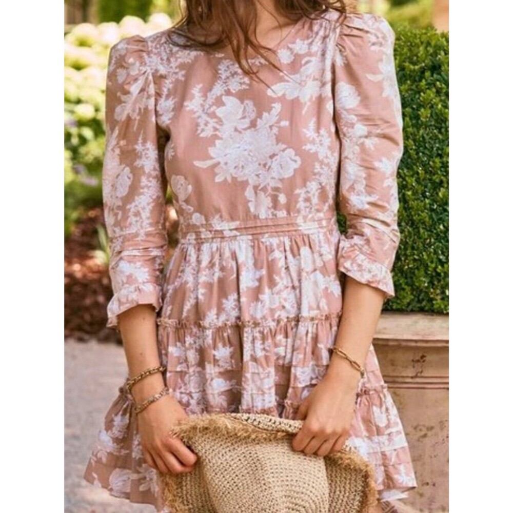 LoveShackFancy Lienzo Floral Print Short Cotton 3/4 Sleeve Dress Size 4